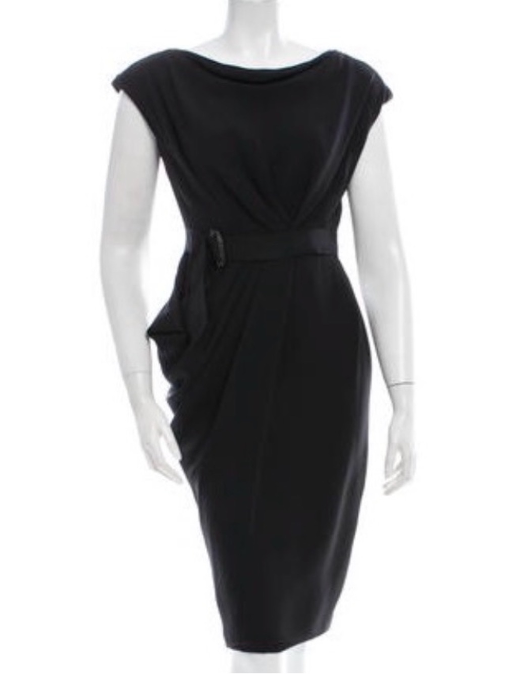 J. Mendel Black Cap-Sleeve Midi Sheath Dress with Belt Detail